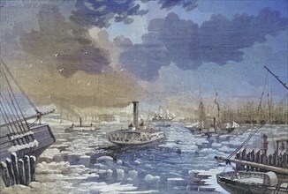 Pack ice obstructs shipping traffic in New York harbour in 1869, America, Historic, digitally