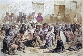 The inhabitants of Setif distributing food to Arab woman and children, 1869, Algeria, Historical,