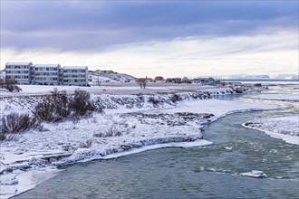 The glacier river Blanda with snowy and icy banks, Blöndous municipality, Northern Iceland Vestra,