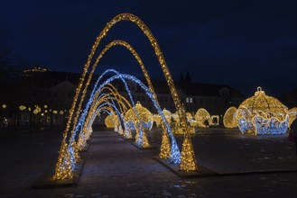 Arch of lights, illuminated globe, cathedral square, world of lights, Magdeburg, most extensive