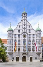 The historic town hall in Renaissance style on the market square of Memmingen in Unterallgäu,