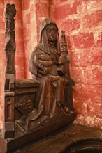 Carved wooden figures on Gothic choir stalls, Nikolaikirche Hanseatic City of Wismar,