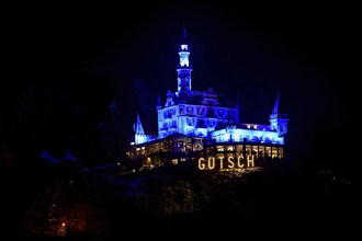 Hotel Chateau Gütsch, light installation at dusk, Lilu, Light Festival 2023, Lucerne, Canton of