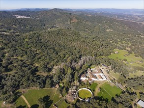 Country estate with own bullring in the Sierra de Aracena. aerial view, drone shot, Huelva