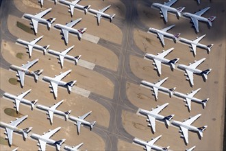 Aerial view of parked commercial aircraft at Teruel Airport in Aragon, parking, storage, scrapping,