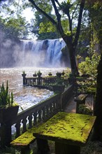 Waterfall and table with moss, tropical, tropical, travel, holiday, Paronella Park, Innisfail,