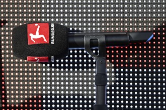 Microphone, Micro, Logo, Bundesliga, Voith-Arena, Heidenheim, Baden-Württemberg, Germany, Europe