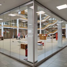 Interior view of the transparent Sparkassen branch, Leer, Lower Saxony, Germany, Europe