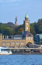 St. Pauli Landing Bridges on the River Elbe, with the Bismarck Monument in the background, Hamburg,