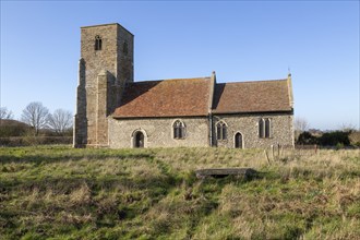 Tower built from coralline crag rock, parish church of Saint John the Baptist, Wantisden, Suffolk,