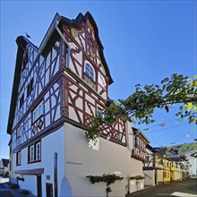 Stork house half-timbered house with wine arch, Bremm, Rhineland-Palatinate, Germany, Europe