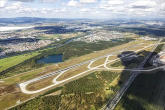 Aerial view of Frankfurt Airport (FRA) with the north-west runway in Frankfurt, Germany, Europe