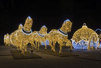 Golden horse figures, illuminated globe, cathedral square, world of lights, Magdeburg, most