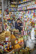 Woman surrounded by many products in her stall, consumption, market stall at Osh bazaar, Bishkek,