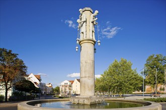 Weißwasser's old town centre with glassmaking fountain. The city of glass and ice sports. Nestled