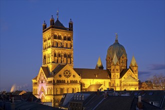 Elevated view over the roofs of St Quirinus Minster in the evening, Neuss, Lower Rhine, North