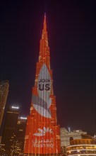 Night shot, illuminated advertising at the Burj Khalifa, Downtown, Dubai, United Arab Emirates,