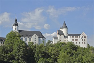 View of two landmarks with baroque St. Georgen church and castle, Schwarzenberg, Westerzgebirge,