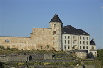 Tower of the castle with city fortifications and building of the university of cooperative