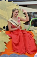 The Wine Queen of Affental at the festival parade of Zwetschgenfest, plums festival, Bühl, Baden,