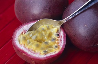 (Passiflora) Passion fruit and spoon , passion fruit, spoon