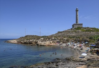 Túnez beach and lighthouse at Cabo de Palos, near La Manga del Mar Menor, Murcia province, Costa