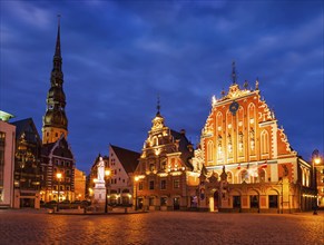 Riga Town Hall Square, House of the Blackheads, St. Roland Statue and St. Peter's Church