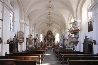 Interior view of the magnificent baroque church in the Franciscan monastery Frauenberg, monastery,