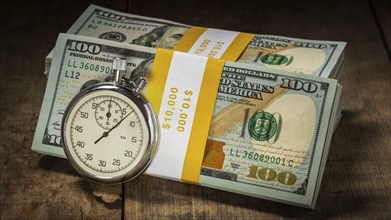 Time is money loan concept background, letterbox panorama of stopwatch and stack of new 100 US