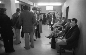 Large crowd of unemployed people at the labour office on 23.01.1980 in Dortmund, Germany, Europe