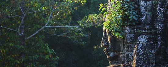 Panorama of ancient stone face of Bayon temple, Angkor, Cambodia with growing plants