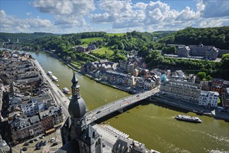 Aerial view of Dinant town, Collegiate Church of Notre Dame de Dinant, River Meuse and Pont Charles