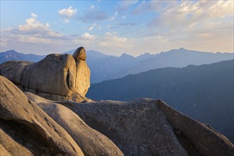 View of stones and rock formations from Ulsanbawi rock peak on sunset. Seoraksan National Park,