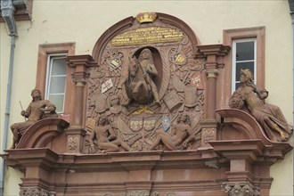 Figures and ornaments with coats of arms, equestrian figure at the castle, Landgrave, Bad Homburg,