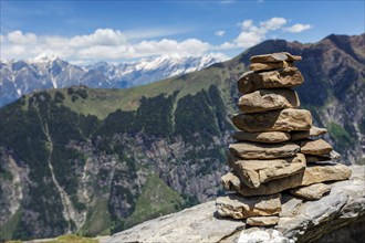 Stone cairn in Himalayas. Near Manali, above Kullu Valley, Himachal Pradesh, India, Asia