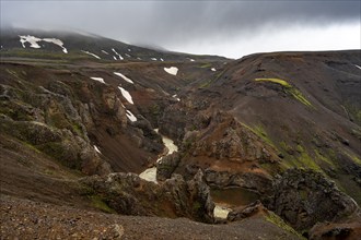 River in a gorge, foot of Asgardsa, volcanic landscape with black and red rocks, Kerlingarfjöll,