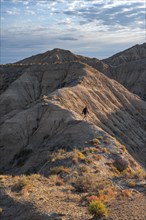 Tourist in a landscape of eroded hills at sunrise, Badlands, Canyon of the Forgotten Rivers, Issyk