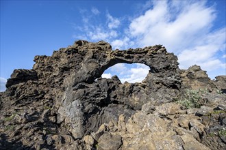 Rock arch, volcanic rock formations, Krafla volcanic landscape, Dimmuborgir lava fields, Mývatn,