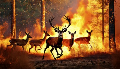 Climate change, global warming, environmental disaster, a herd of deer fleeing a forest fire in