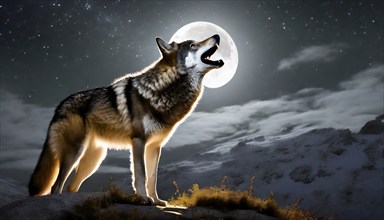 A wolf howls at the full moon, AI generated