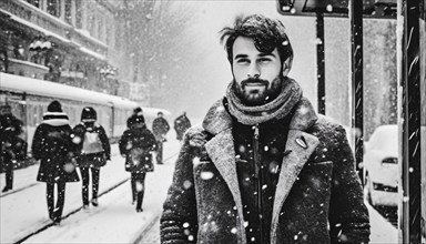 A bearded young man at a bus stop in winter in the snow, AI generated, AI generated