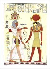 Menphtah II, son and successor of Ramses III, standing in front of Phre, Ra, two gigantic figures