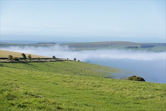 High fog over valley of River Adur, Shoreham by Sea, South Downs, West Sussex, England, United