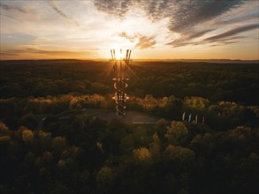 Aerial view of the Schönbuchturm in autumn forest at sunrise, Herrenberg, Germany, Europe