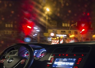 Poor visibility in a construction site at night in the rain, Bavaria, Germany, Europe