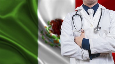 Doctor with stethoscope on Mexico flag. Doctor with arms crossed on Mexico flag background. Medical