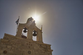 Backlight, sons behind bell tower, church, Assomatos, Orthodox Monastery, Amari Basin, Central