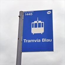 Nostalgic blue tram, sign at tram stop, inscription Tramvia Blau, pictogram, Tibidabo, Barcelona,