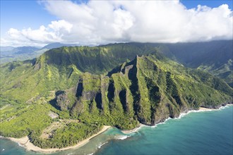 Aerial view Ke'e Beach, Haena Beach, Tunnels Beach, Kepuhi Beach, Kauai, Hawaii, USA, North America