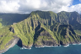 Aerial view Waiahuakua Sea Cave, Napali Coast, Kauai, Hawaii, USA, North America